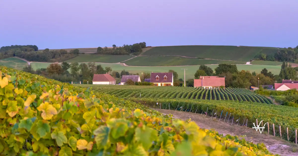 champagne vineyards at sunset in france