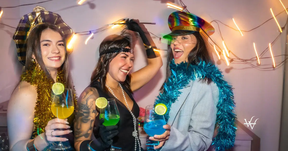 friends celebrating a costume party at home with cocktails