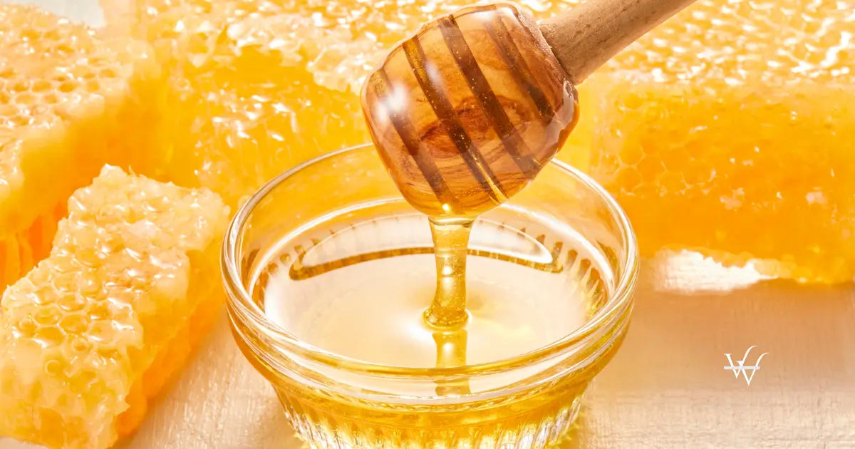 golden honey with honeycomb and dipper