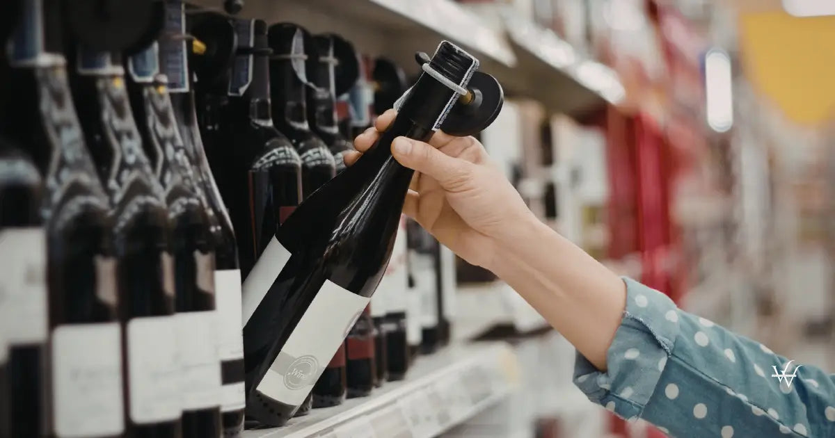 person selecting wine bottle from store shelf