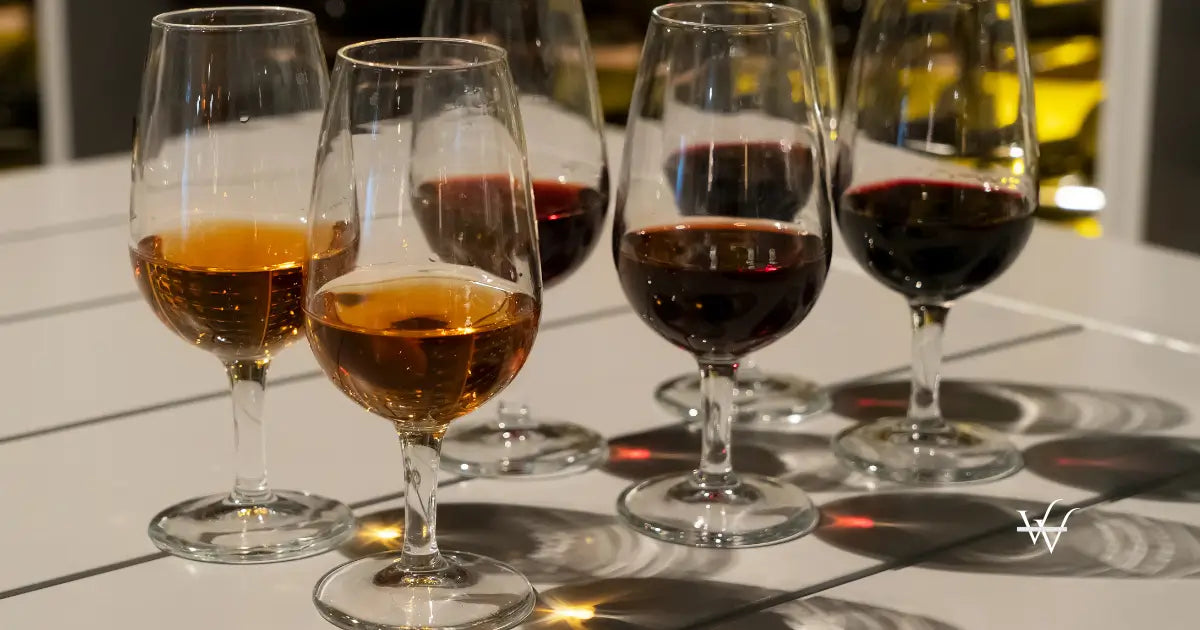 Pouring a glass of Port wine during a tasting, with bottles from the Douro Valley