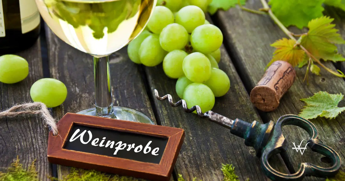 white wine on wooden table and german wine tasting