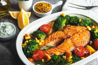 Baked Roasted Fish Steak Salmon with Broccoli and Carrots